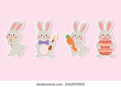 Spring Easter sticker set with rabbits. Bunny with Easter egg clipart sticker set printable for kids activity and Easter worksheets. Cute Bunny with painted easter eggs set collection.