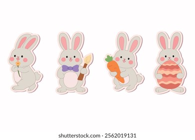 Spring Easter sticker set with rabbits. Bunny with Easter egg clipart sticker set printable for kids activity and Easter worksheets. Cute Bunny with painted easter eggs set collection.