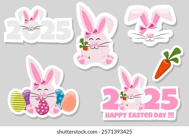 Spring Easter sticker set with rabbits, carrot and 2025. Bunny with Easter egg clipart vector. Easter bunny sticker set for kids and Easter worksheets. Cute bunny with painted eggs