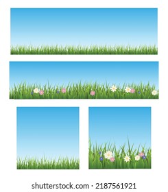 Spring easter and summer grass banners collection, realistic vector illustration. Summer and spring landscape backgrounds with blue sky and green lawn.