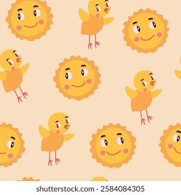 Spring Easter Summer seamless pattern background for packaging and decoration with cute chicken and sun