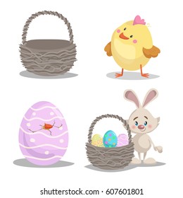 Spring easter symbols and seasonal vector illustrations set. Empty basket, cute chick boy, easter bunny with basket and painted hatched egg.