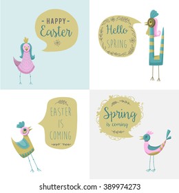 Spring Easter vector illustration of bird and talking bubble. You can write here your own text. Greeting card text templates. Spring lettering modern style.