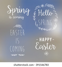 Spring and Easter vector illustration headlines on the blurred background. You can write here your own text. Greeting card text templates. Happy easter lettering modern style.