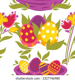 Spring easter vector seamless pattern with colorful eggs.