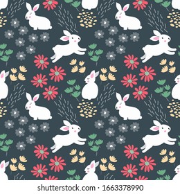 Spring, Easter vector seamless pattern cute retro rabbits, leaves and blossom little flowers. Easter bunny background.
