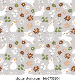 Spring, Easter vector seamless pattern cute pastel color retro rabbits, leaves and blossom little flowers. Easter bunny background