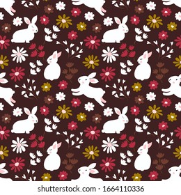 Spring, Easter vector seamless pattern cute retro rabbits, leaves and blossom little flowers. Easter bunny background
