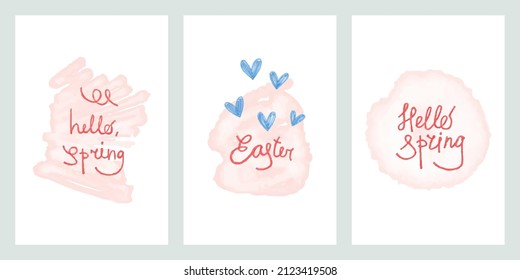 Spring Easter vector set of vertical posters. Minimalistic illustrations with inscriptions in watercolor style for backgrounds, postcards, gifts, wrappers, textiles, decor and interior, children