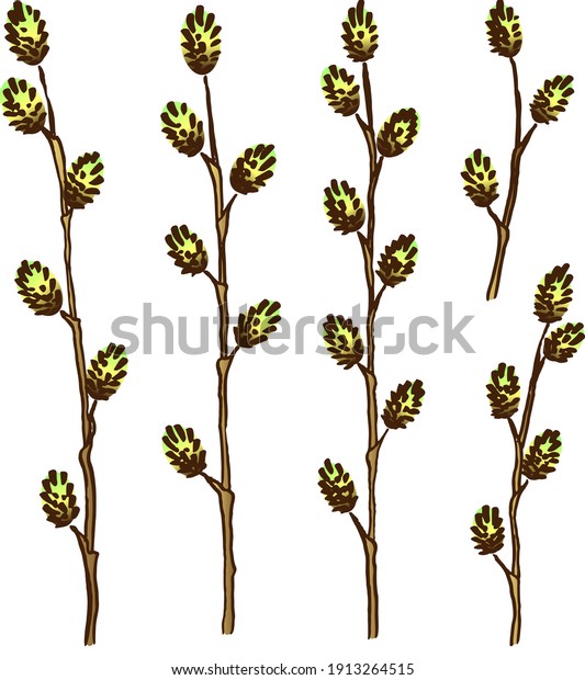 Spring Easter vector set with willow\
branches. Plant attribute of the Christian\
Easter.
