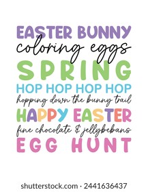 Spring Easter word cloud Bunny phrase lettering retro colorful handwriting art on white background