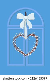 spring Easter wreath in the shape of a heart from willow branches with a bow,
 on a blue door, vector image, postcard, poster