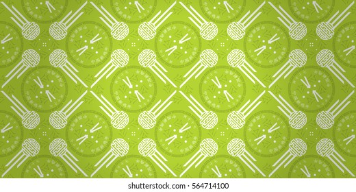 Spring eco green geometrical seamless pattern in chinese style. Vector background. Hieroglyph translation: Chinese New Year of the Rooster 2017