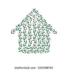 Spring eco green house made of tree branches with leaves and pink flowers isolated on white background. Cottage rental or sale offer. Advertisement of countryside living. Ecology home concept. Nature.