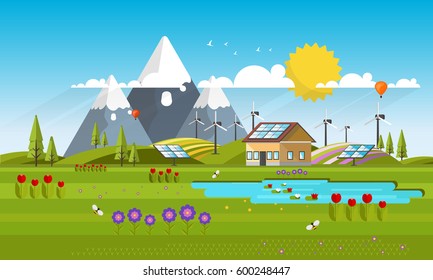 Spring Eco Landscape Abstract Flat Vecor Illustration.