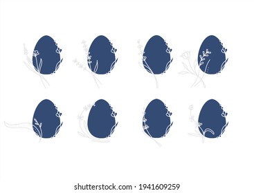 Spring egg-shaped greetings decor with tiny lavender flowers. Dark blue and white delicate logos, wedding monograms