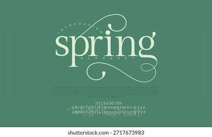 Elegantes letras del alfabeto de primavera y número de letra. Moda minimalista con letras serif clásicas y modernas. Fuentes de decoración de tipografía para marca, boda, invitaciones, logotipo.