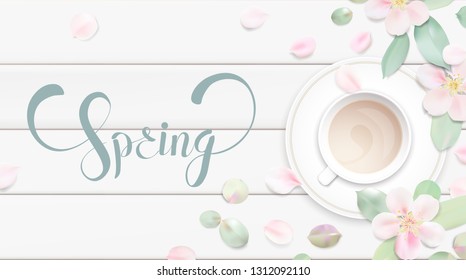 Spring elegant background with flowers, petals and romantic lettering vector illustration. For advertising cards, flyer, banner, poster, coupone or brochure paper