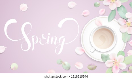 Spring elegant background with flowers, petals and romantic lettering vector illustration. For advertising cards, flyer, banner, poster, coupone or brochure paper