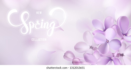 Spring elegant background with purple lilac flower petals and romantic lettering vector illustration. Design template for print poster, sticker, web banner or desktop wallpaper