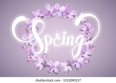 Spring elegant background with purple lilac flower petals and romantic lettering vector illustration. For advertising cards, flyer, banner, poster, coupone or brochure paper