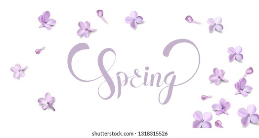 Spring elegant background with purple lilac flower petals and romantic lettering vector illustration. For advertising cards, flyer, banner, poster, coupone or brochure paper