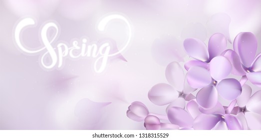 Spring elegant background with purple lilac flower petals and romantic lettering vector illustration. For advertising cards, flyer, banner, poster, coupone or brochure paper