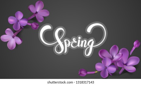 Spring elegant background with purple lilac flower petals and romantic lettering vector illustration. Design template for print poster, sticker, web banner or desktop wallpaper