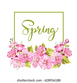 Spring Elegant card with blooming sakura flowers isolated over white background. Vector illustration.