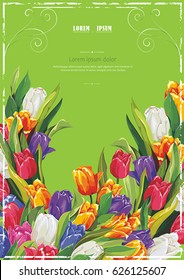 Spring elegant card with watercolor decorative tulip flowers. Illustration for creating design. Vintage floral greeting postcard. Bouquet for banner template