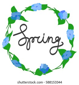 Spring elegant circle flowers wreath with lettering vector illustration