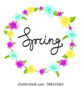 Spring elegant circle flowers wreath with lettering vector illustration