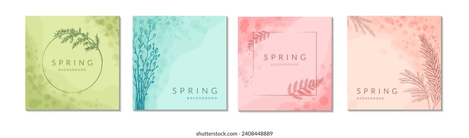 Spring elegant floral watercolor abstract background set. Square and circle flower frames. Social media post, presentation, greeting card, spa, jewellery, beauty salon, wedding invitation template.