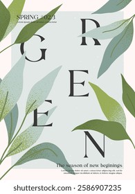 Spring elegant illustration with green plants.Modern typography banner template with fresh leaves.Creative seasonal background for holidays prints,invitations,promo offers,covers,greetings