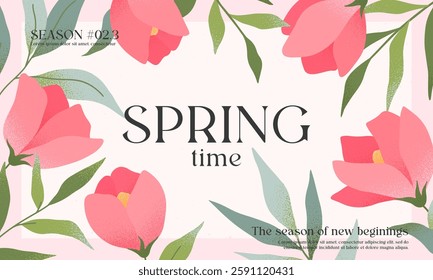 Spring elegant illustration with pink roses and green plants.Modern typography banner template with florals.Creative seasonal background for holidays prints,invitations,offers,covers,greetings