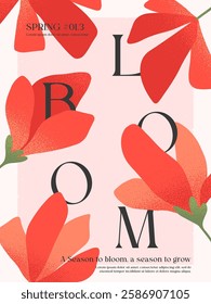 Spring elegant illustration with red blooming flowers.Modern typography banner template with florals.Creative seasonal background for holidays prints,invitations,promo offers,covers,greetings