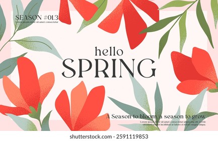 Spring elegant illustration with red blooming flowers and green plants.Typography banner template with florals.Creative seasonal background for holidays prints,invitations,promos,covers,greetings