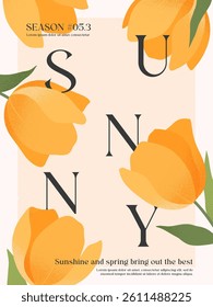 Spring elegant illustration with yellow tulips.Modern typography banner template with blooming flowers.Creative seasonal background for holidays prints,invitations,promo offers,covers,greetings