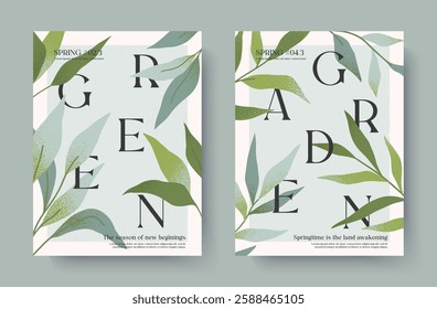 Spring elegant illustrations with green plants.Modern typography banner templates with fresh garden leaves.Creative seasonal backgrounds for holidays prints,invitations,promo offers,covers,greetings