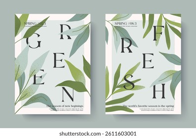 Spring elegant illustrations with green plants.Modern typography banner templates with fresh garden leaves.Creative seasonal backgrounds for holidays prints,invitations,promo offers,covers,greetings