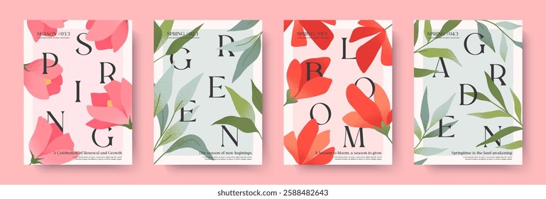 Spring elegant illustrations with pink roses,red poppies,green botany.Typography banner templates with blooming flowers.Seasonal backgrounds for holidays prints,invitations,offers,covers,greetings