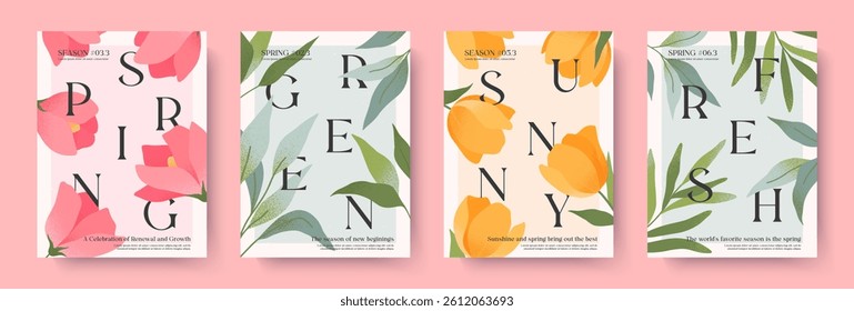 Spring elegant illustrations with pink roses,yellow tulips,green botany.Typography banner templates with blooming flowers.Seasonal backgrounds for holidays prints,invitations,offers,covers,greetings