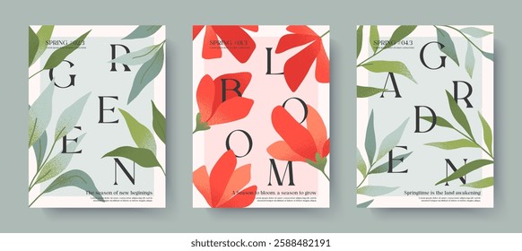 Spring elegant illustrations with red blooming flowers and green plants.Typography banner templates with florals.Creative seasonal backgrounds for holidays prints,invitations,promos,covers,greetings