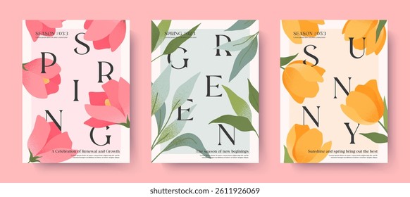 Spring elegant illustrations with yellow tulips,pink roses,green botany.Typography banner templates with blooming flowers.Seasonal backgrounds for holidays prints,invitations,offers,covers,greetings