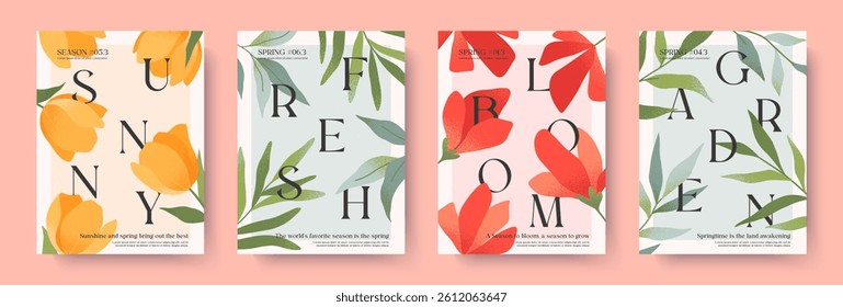 Spring elegant illustrations with yellow tulips,red poppies,green botany.Typography banner templates with blooming flowers.Seasonal backgrounds for holidays prints,invitations,offers,covers,greetings
