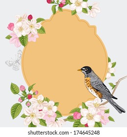 Spring elegant vector vintage card with blossoming apple tree branch and bird. European styled botanical illustration 19th century.