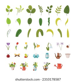 Spring Element Illustration Isolated On White Background. Gardening and Spring hand drawn elements. Floral and Animal Spring doodle set. Cute set of spring cliparts, easter elements.