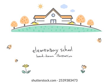 Spring elementary school building: Colorful and cute line drawing illustration