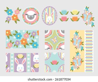 Spring elements and 5 seamless patterns. Features flowers, sheep, rabbits, and butterflies. Light grey background used for contrast so white is visible.