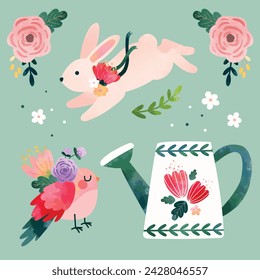 Spring elements Background. Spring season elements. Vector illustration elements for Poster, Banner, Flyer, Greeting, Card, Cover, Post, Promotion. beautiful and colorful plants, leaves and flowers.